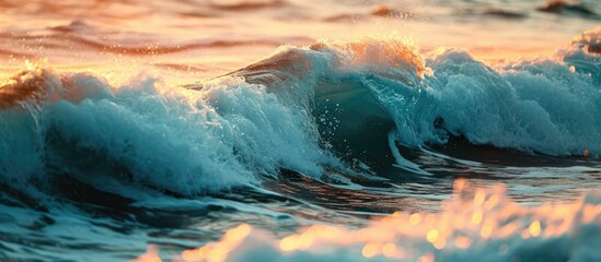 nature marine design postcard beautiful colored breaking surfing ocean wave rolling down at sunset time. Copy space image. Place for adding text or design