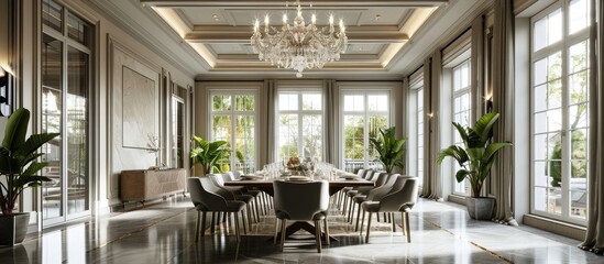 Front view of stylish and light dining room with big windows and crystal chandelier in center of ceiling Luxury interior of big room with wooden table in center and armchairs around. Copy space image - obrazy, fototapety, plakaty
