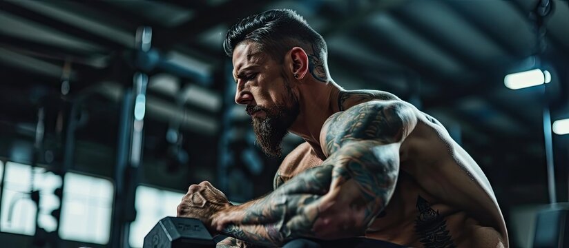Muscular tattoo man bodybuilder training in gym and posing Strong man workout with barbell on bench. Copy space image. Place for adding text or design