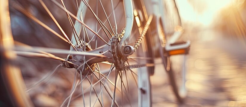 Macro image of a new high end bicycle cycle with a detailed view of a single silver colored bike spoke that has significant motion blur as the wheel rotates Part of a series of photos on this t