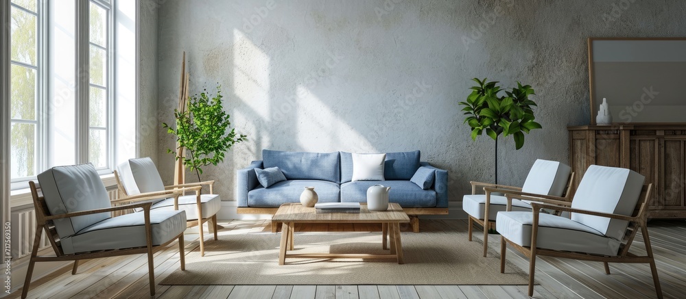 Poster living room with a large blue sofa a low square wooden table and white armchairs next to a window. c