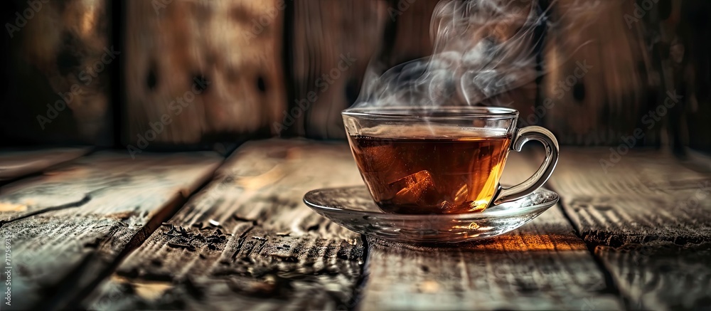Poster hot tea in glass teapot and cup with steam on wood background. copy space image. place for adding te