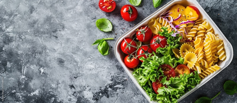 Poster Lunch Box With Cherry Tomatoes Salad Pasta. Copy space image. Place for adding text or design