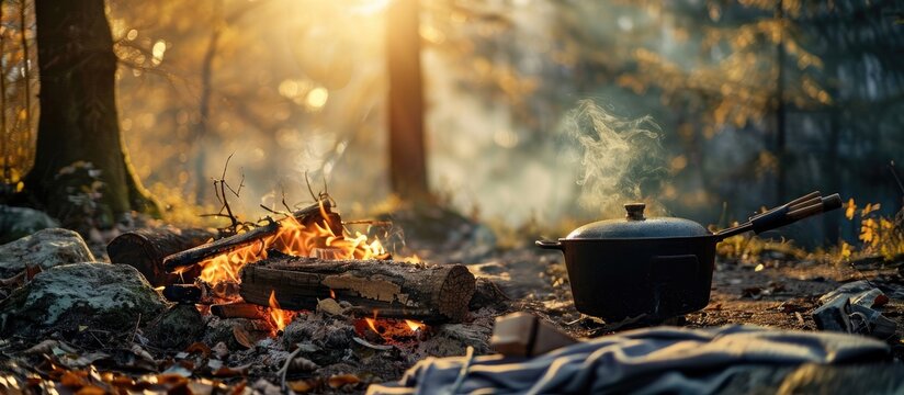 Hiking pot Bowler in the bonfire Fish soup boils in cauldron at the stake Traveling tourism picnic cooking cooking at the stake in a cauldron fire and smoke. Copy space image