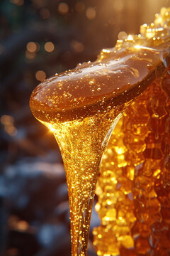 A poetic image of honey streams flowing gently down the curve of a neck,