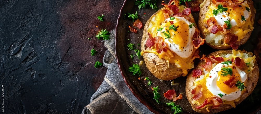Poster Homemade Loaded Baked Potatoes with Bacon Cheddar and Sour Cream. Copy space image. Place for adding text or design
