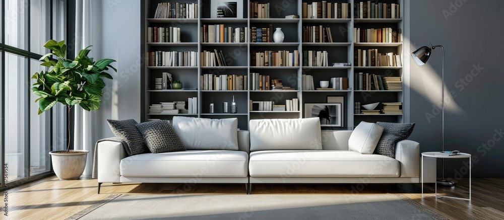 Poster living room with grey sofa decorative pillows and bookshelf. copy space image. place for adding text