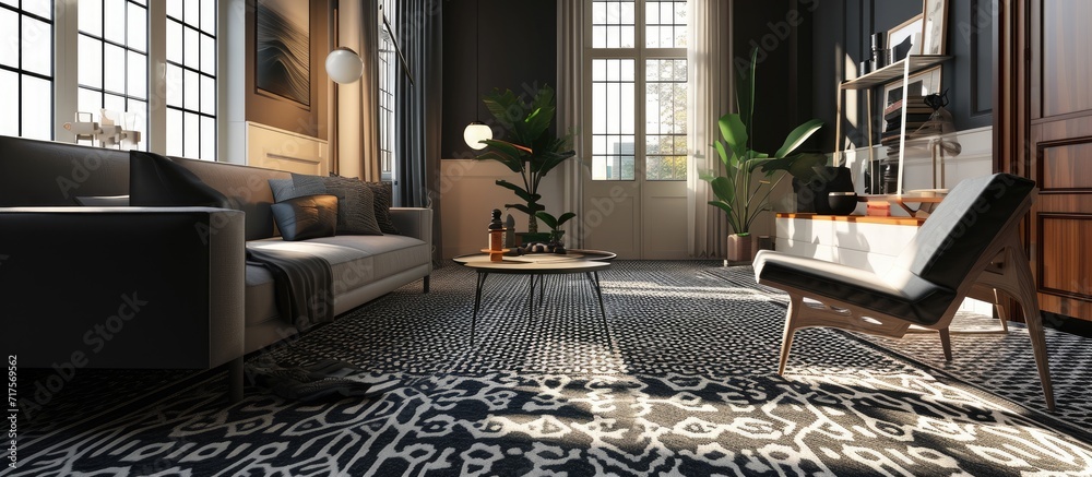 Aufkleber Grey flat with black and white pattern carpet. Copy space image. Place for adding text or design