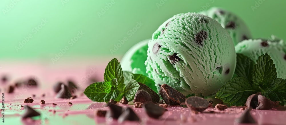 Poster organic green mint chocolate chip ice cream. copy space image. place for adding text or design