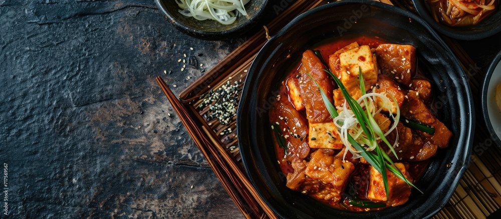 Aufkleber Homemade spicy pork belly cooked with kimchi spring onions onion and tofu Marinated with red chilli paste called gojuchang. Copy space image. Place for adding text or design