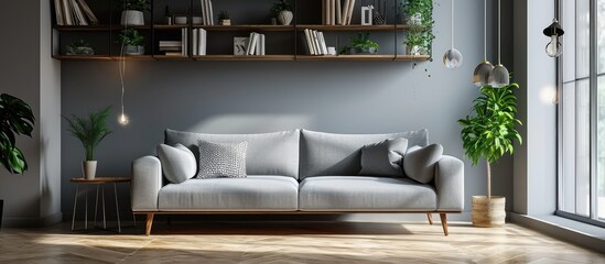 Living room with grey sofa decorative pillows and bookshelf. Copy space image. Place for adding text or design