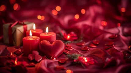  valentine's background  red candles on a dark background with red heart and defocused sprinkles generated by AI tool 