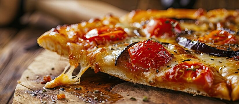 home pizza with tomato and eggplant Closeup taking slice of pizza melted cheese dripping. Copy space image. Place for adding text or design