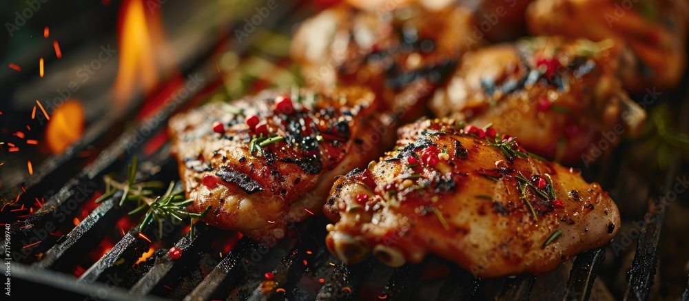Aufkleber Grilled chicken thighs on a charcoal barbecue grill being cooked with seasoning and sauce. Copy space image. Place for adding text or design