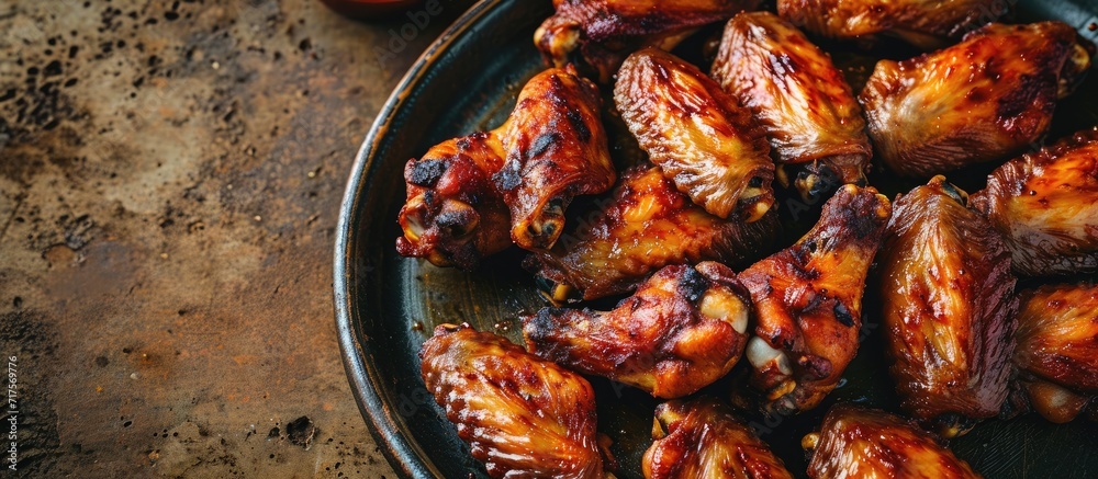 Poster Grilled chicken wings on plate Top view flat lay. Copy space image. Place for adding text or design