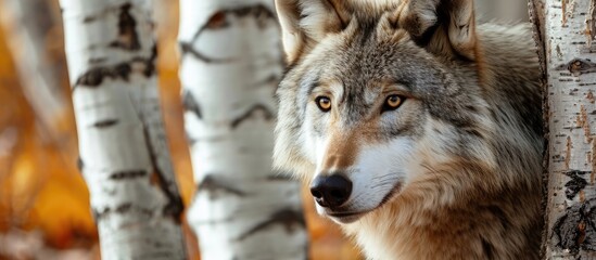 Obraz premium Grey Wolf Canis lupus Looks Between Two Birch Trees captive animal. Copy space image. Place for adding text or design