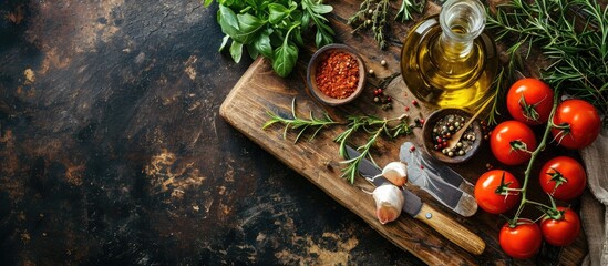 Naklejka na ściany i meble Organic vegetarian ingredients olive oil and seasoning on rustic wooden cutting board over dark vintage background with space for text top view Healthy food vegan or diet nutrition concept