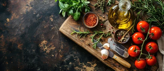 Fototapeten Organic vegetarian ingredients olive oil and seasoning on rustic wooden cutting board over dark vintage background with space for text top view Healthy food vegan or diet nutrition concept © Gular