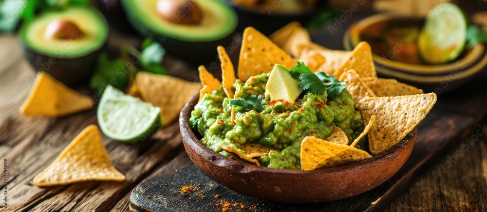 Poster Guacamole avocado mash dip with tortilla chips and fresh avocados. Copy space image. Place for adding text or design