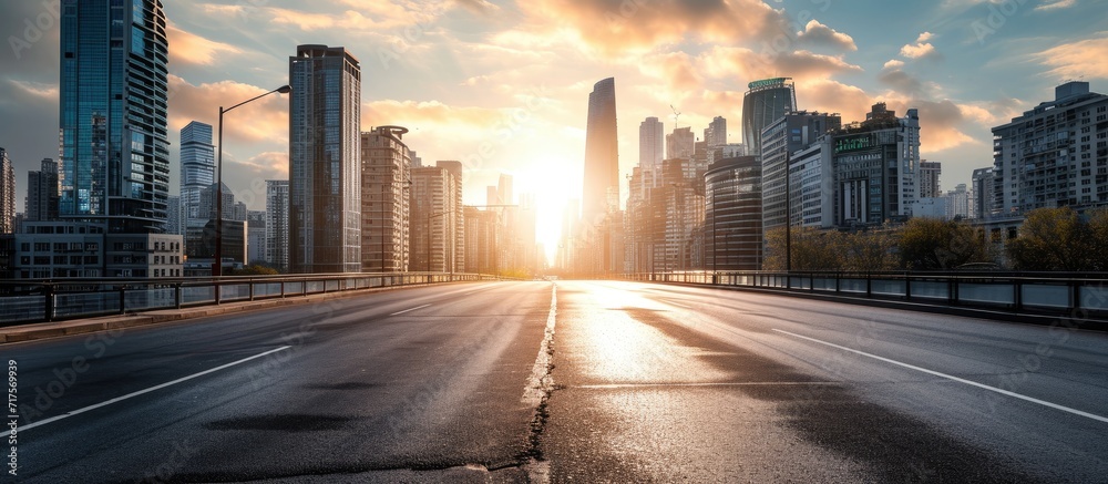 Poster Panoramic skyline and buildings with empty road. Copy space image. Place for adding text or design