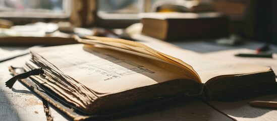 Opened book and hand drawing building sketches. Copy space image. Place for adding text or design