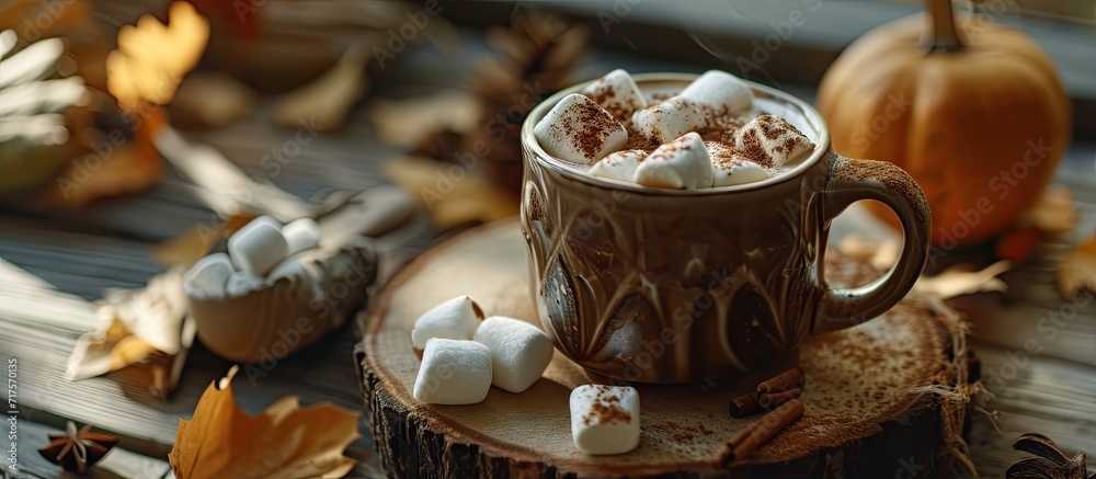 Aufkleber hot cocoa drink with marshmallows and cinnamon in a mug on a wooden board with autumn leaves. copy s
