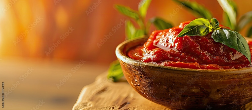 Poster italian tomato paste with basil beautiful serving in the restaurant. copy space image. place for add