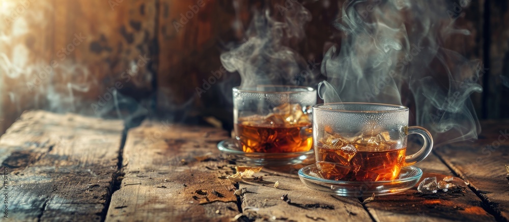 Poster hot tea in glass teapot and cup with steam on wood background. copy space image. place for adding te