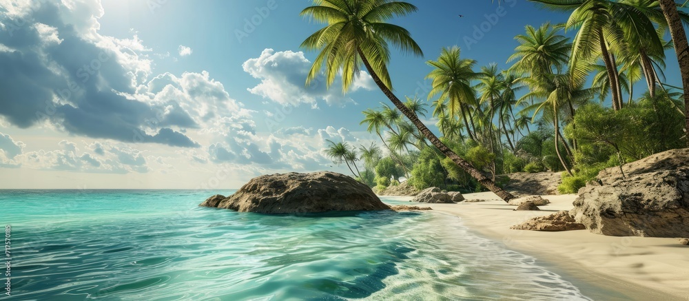 Poster Palm trees over stunning lagoon and white sandy beach. Copy space image. Place for adding text or design