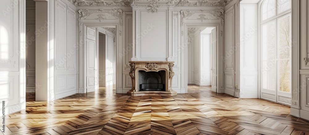 Aufkleber interior of an house empty room with fireplace parquet floor and white walls. copy space image. plac