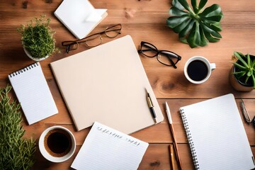 Illustrate a charming home office setup for freelancers and bloggers with a cute cat, open white notebook, coffee cup, plant, and eyeglasses on the desk. 