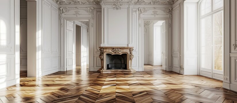 interior of an house empty room with fireplace parquet floor and white walls. Copy space image. Place for adding text or design
