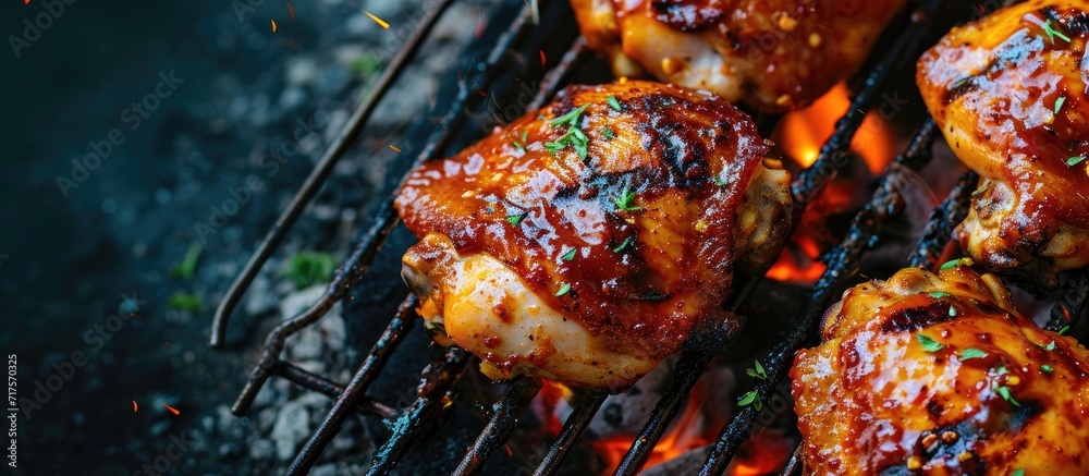 Aufkleber Grilled chicken thighs on a charcoal barbecue grill being cooked with seasoning and sauce. Copy space image. Place for adding text or design