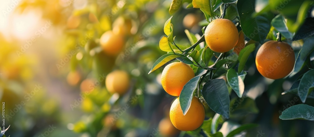Poster Grapefruits on the tree Ripe fruits growing on the plantation. Copy space image. Place for adding text or design