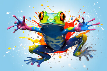 Ein bunter Frosch der mit Farbe durch die Luft fliegt  - obrazy, fototapety, plakaty