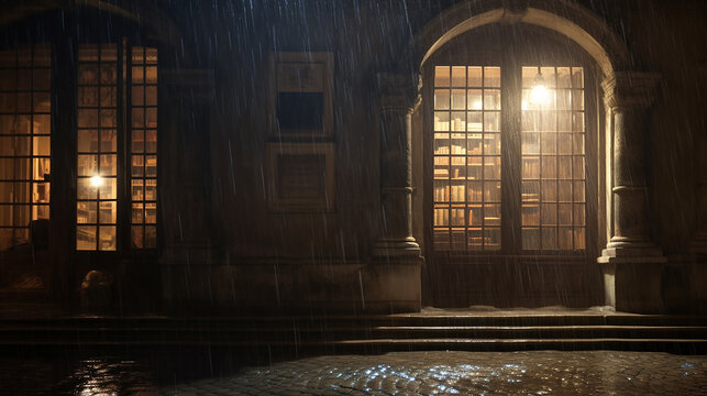 evening shower in an old library town rain