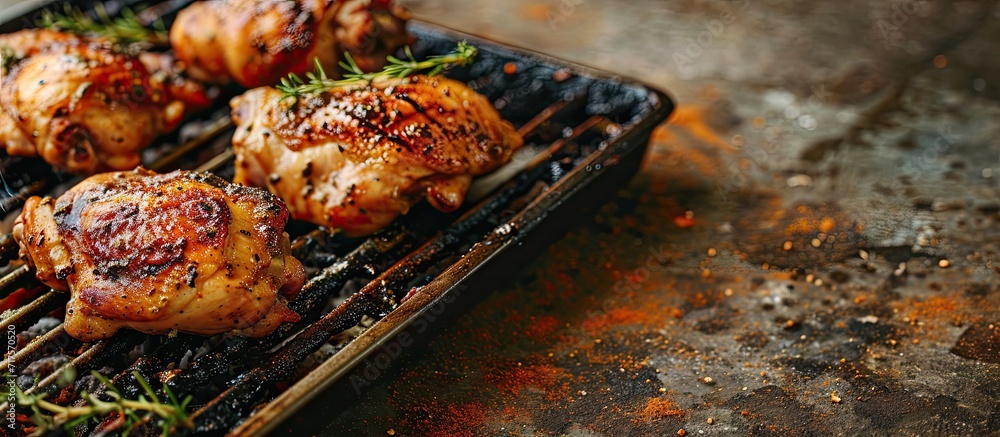 Aufkleber Grilled chicken thighs on a charcoal barbecue grill being cooked with seasoning and sauce. Copy space image. Place for adding text or design