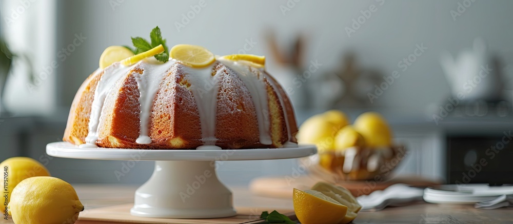 Poster Lemon bundt cake drizzled with powdered sugar glaze on a cake stand. Copy space image. Place for adding text or design