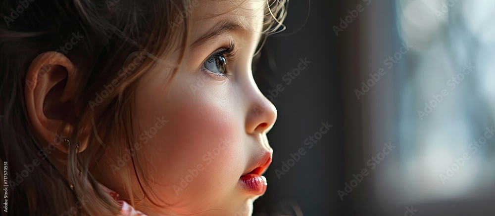 Poster Macro of a little girl s mouth curling her tongue into a U shape a genetic trait inherited from her parents. Copy space image. Place for adding text or design