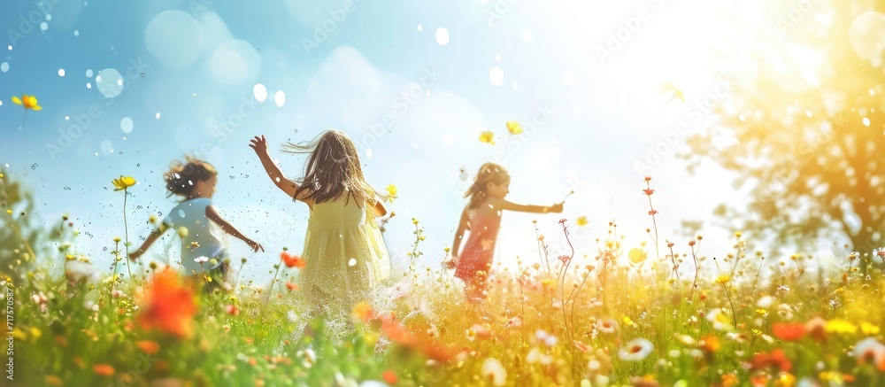 Poster joyful active childhood playful kids playing on playground children having fun in summer young touri