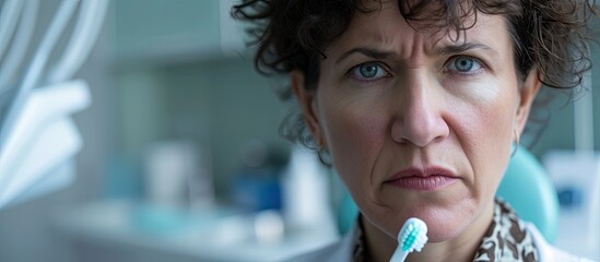 Middle age grey haired woman working at dentist clinic holding electric teethbrush and toothbrush skeptic and nervous frowning upset because of problem negative person. Copy space image