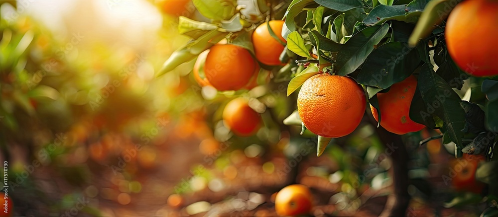 Poster Grapefruits on the tree Ripe fruits growing on the plantation. Copy space image. Place for adding text or design
