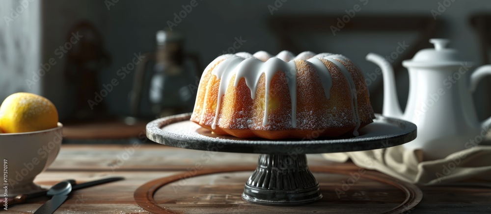 Poster Lemon bundt cake drizzled with powdered sugar glaze on a cake stand. Copy space image. Place for adding text or design