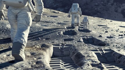 In this comical scene we see the Lilliputian lunar landing crew trying to navigate their way around oversized footprints left behind by a clumsy giant astronaut. - obrazy, fototapety, plakaty