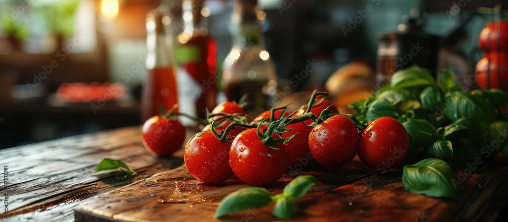 Aufkleber Italian tomato paste with basil beautiful serving in the restaurant. Copy space image. Place for adding text or design