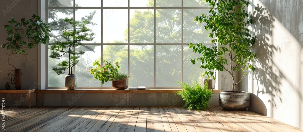 Aufkleber grey living room office monitor chair vase of green plant in front of the window garden view. copy s