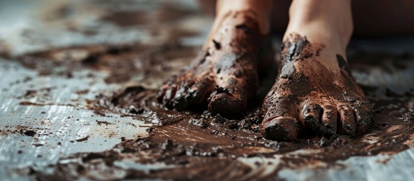 Mud therapy for foot rehabilitation and skin care. Copy space image. Place for adding text or design