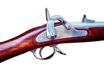 Retro American shock rifle made before the civil war, close-up, isolated on a white background