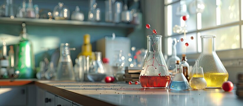 High school students studying in chemistry laboratory experiment class. Copy space image. Place for adding text or design