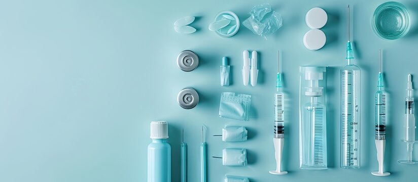 Medical bottle vials syringes and face mask on blue background with copy space Vaccination session and immunity improvement. Copy space image. Place for adding text or design